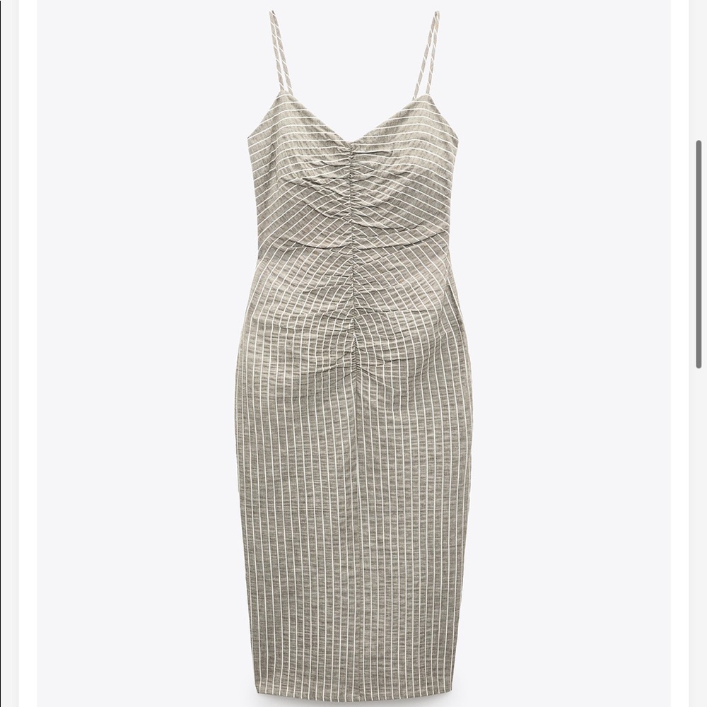 Zara striped tan and white cotton midi dress NWT - Picture 3 of 10